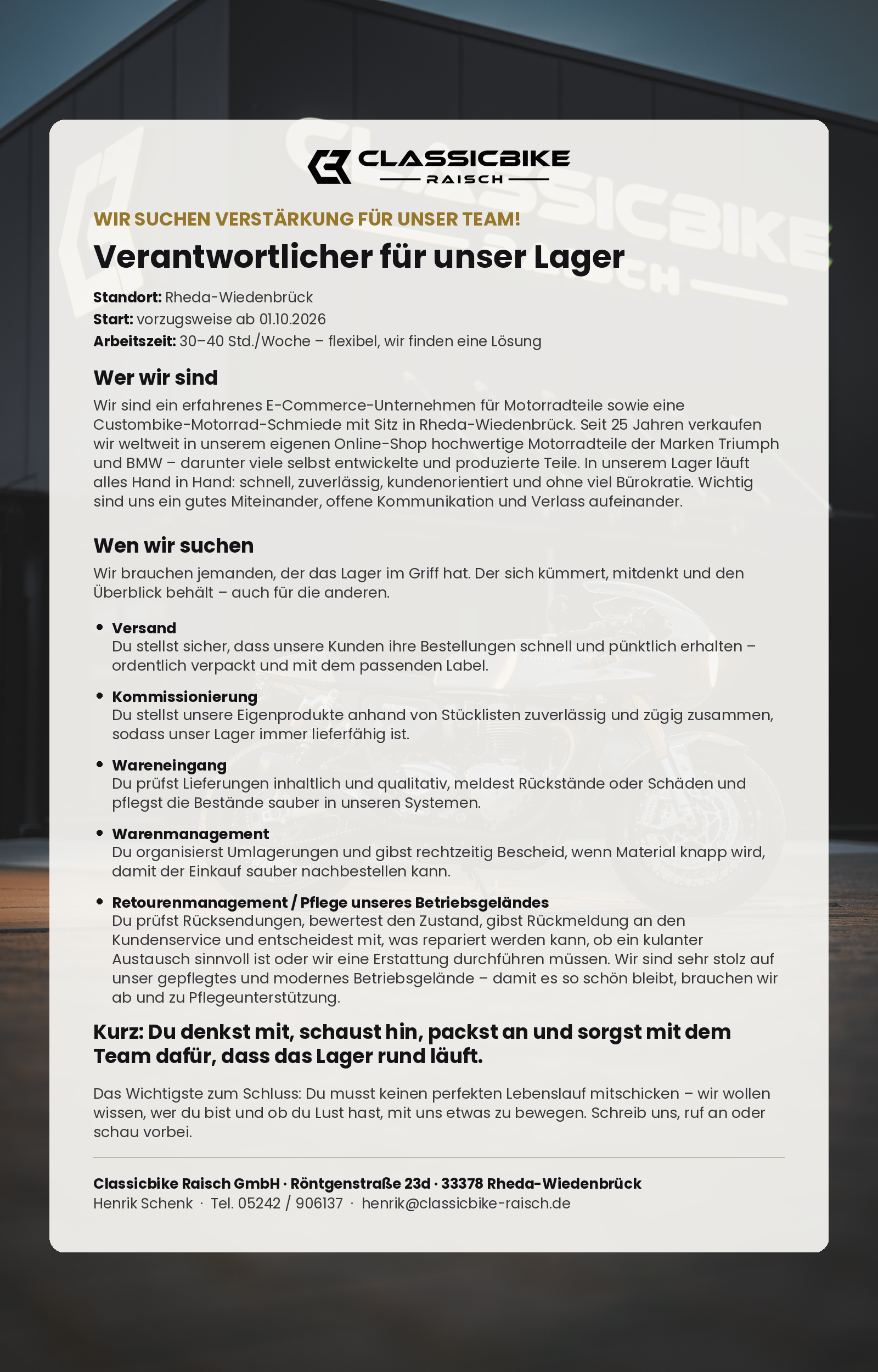 Stellenanzeige: Verantwortlicher für unser Lager bei Classicbike Raisch, Rheda-Wiedenbrück
